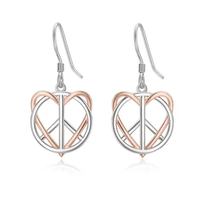 Sterling Silver Two-tone Heart & Peace Symbol Drop Earrings