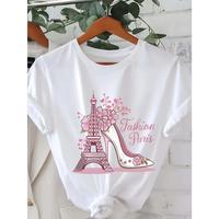 Cotton Short Sleeve  T-Shirt [Relaxed Fit Graphic Tee for] Chic Eiffel Tower & High Heels Graphic Tee for - Soft Polyester Bl...