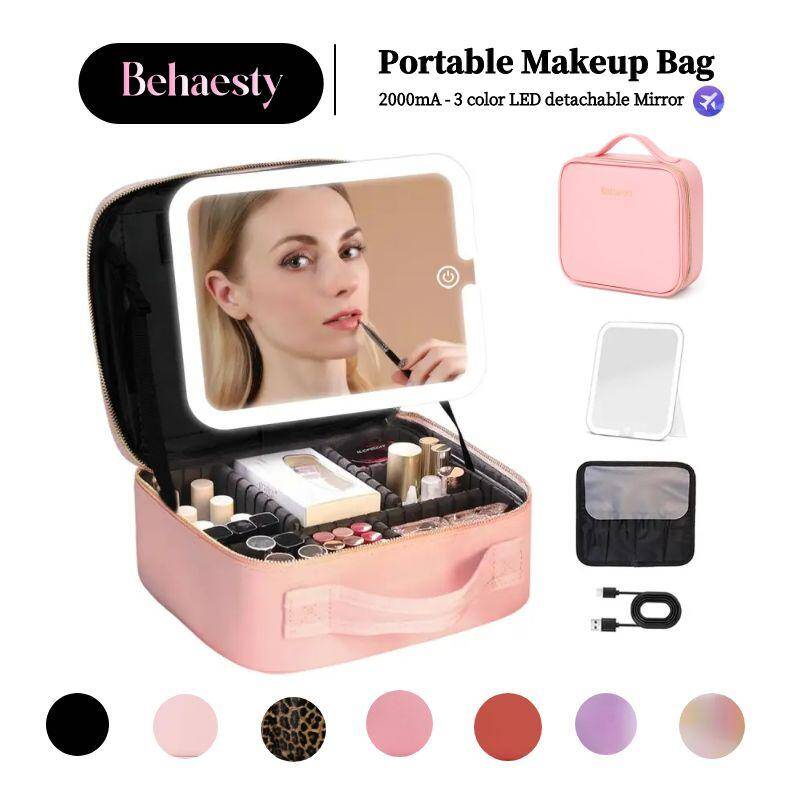 Behaesty Portable Makeup Bag with 3-Color LED Light Detachable Mirror 2000mAh USB Rechargeable Waterproof PU Leather Org
