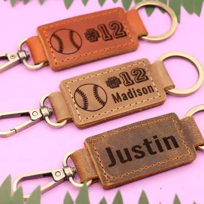 Leather Baseball Keychain with Heavy Duty Ring and Clasp , Real Leather, Same Day Shipping, Free Shipping US