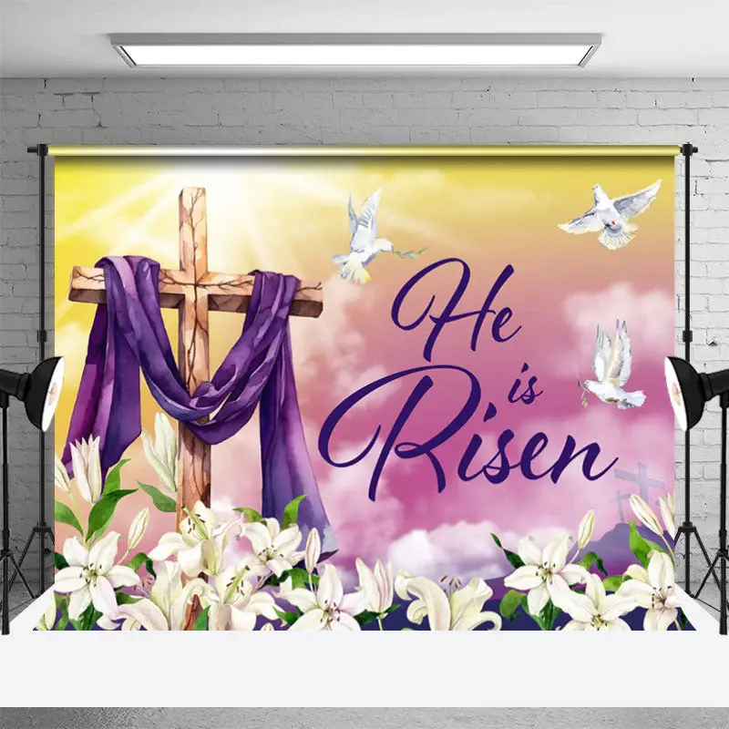 He Is Risen Cross Purple Cloth Lily Easter Backdrop - Aperturee