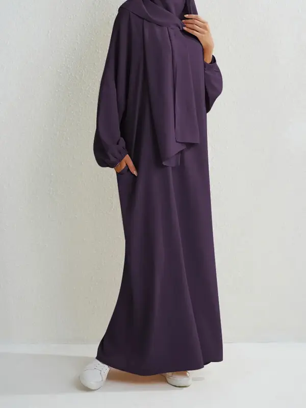 【Plus Size】 Solid Color Pocket Muslim Hijab Design Dress, Modest Long Sleeve Islamic Dress, Women's Islamic Clothing f...