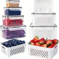 Food Storage Box with Lid, 6 Counts/set Including 3 Reusable Fruit & Vegetable Storage Container & 3 Drainers, Stackable Food...