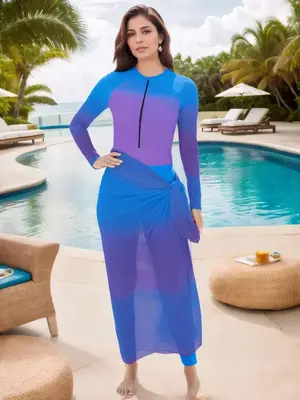 Women's Ombre Print Long Sleeve Islamic Swimwear Three-Piece Set, Modest Casual Round Neck Raglan Sleeve Zip Up Swim Top & Sw...