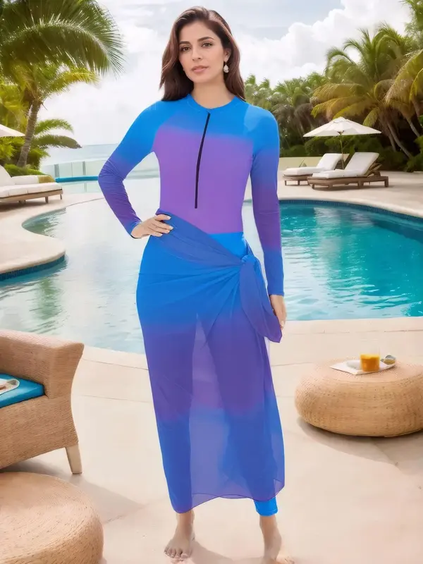 Women's Ombre Print Long Sleeve Islamic Swimwear Three-Piece Set, Modest Casual Round Neck Raglan Sleeve Zip Up Swim Top & Sw...