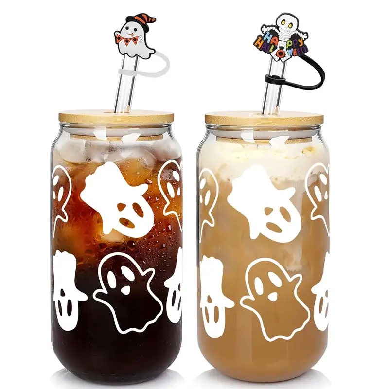 18oz Spooktacular Ghost Decor Glass-Gifts for Women Iced coffee cups with lids and straws Party Essential Drinkware Set,Hallo...