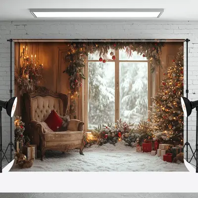 Retro Warm Indoor Scene Sofa Christmas Vibe Backdrop - Aperturee