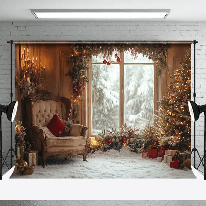 Retro Warm Indoor Scene Sofa Christmas Vibe Backdrop - Aperturee