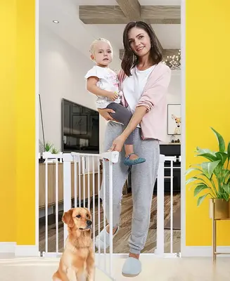 Pet gate for stairs and doorways adjustable with door for house interior security door pressure mounted metal automatic closi...