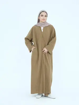 Women's Solid Color Corduroy Open Front Abaya, Modest Casual Long Sleeve Muslim Dress for Daily Wear, Women's Islamic Clothin...