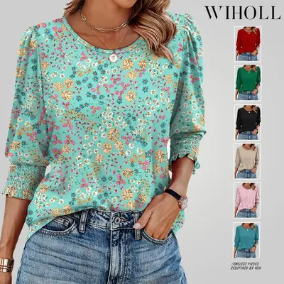 WIHOLL Blouses for Women Dressy Casual 3/4 Length Sleeve Womens Tops with Smocked Cuffs