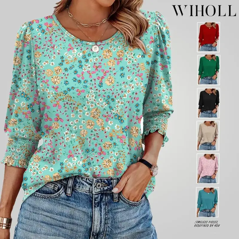 WIHOLL Blouses for Women Dressy Casual 3/4 Length Sleeve Womens Tops with Smocked Cuffs