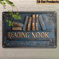 Vintage Reading Nook Metal Wall Hanging Decor, Retro 2D Flat Plaque, Wall Decor for Home & Office, Gift for Bookworms, Signs