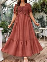【Plus Size】 Frill Trim Puff Sleeve Shirred A Line Dress, Elegant Short Sleeve Square Neck Dress for Summer, Women's Plus ...