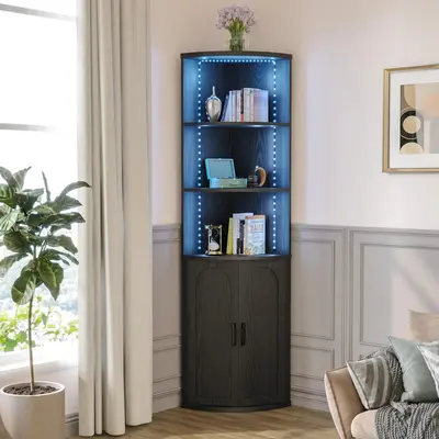 IRONCK Corner Shelf with Doors, Corner Cabinet with LED Light, 5-Tier Storage Cabinet with Doors, Tall Corner Bookshelf for L...