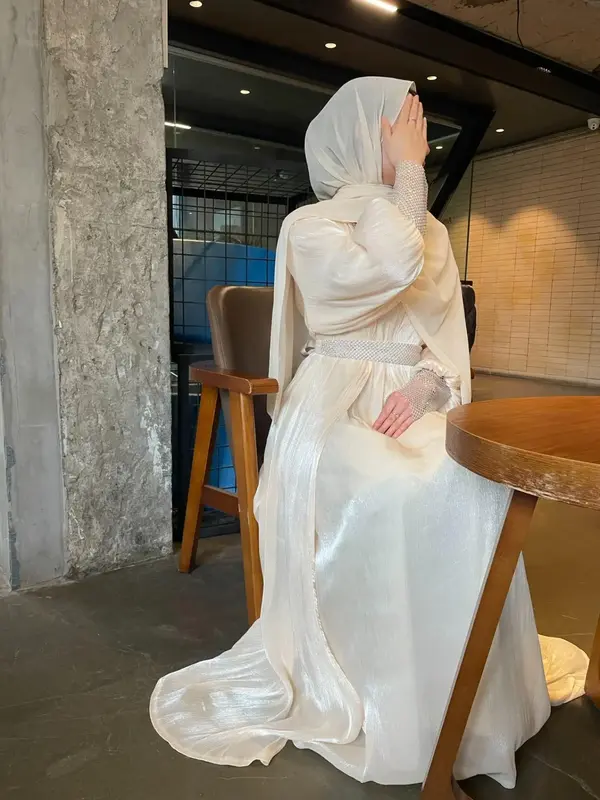 Women's Rhinestone Decor Long Sleeve Abaya &  V Neck Sleeveless Dress with Hijab & Belt, Elegant Modest Outfit for Daily Wear...