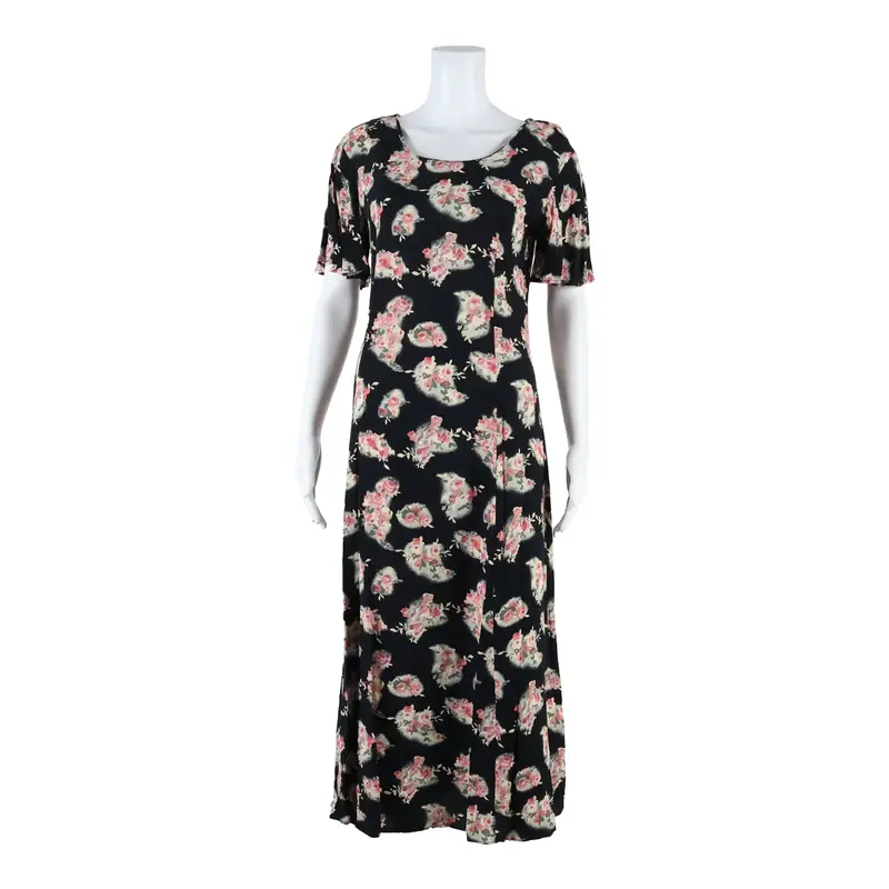 CAREN DESIREE & CO Womens Day Dress Black Floral Short Sleeve Long M