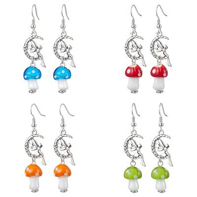 4 Pairs Mushroom Alloy and Lampwork Dangle Earring