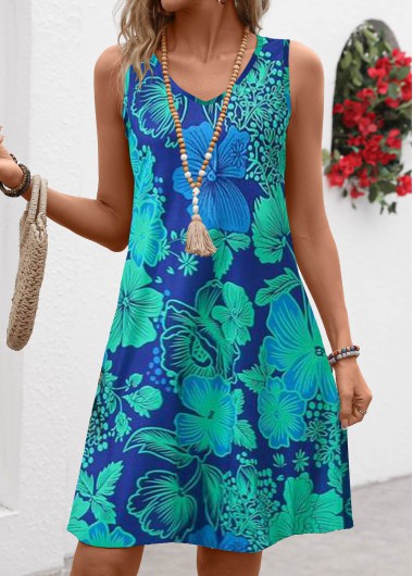 Modlily Blue Breathable Floral Print A Line Sleeveless Dress - XXL