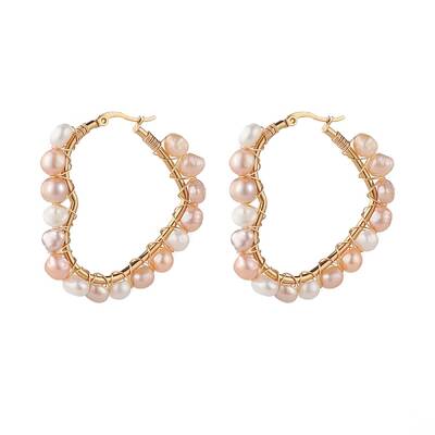 Natural Pearl Wire Wrapped Heart Big Hoop Earrings for Women