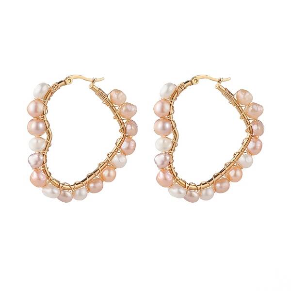 Natural Pearl Wire Wrapped Heart Big Hoop Earrings for Women