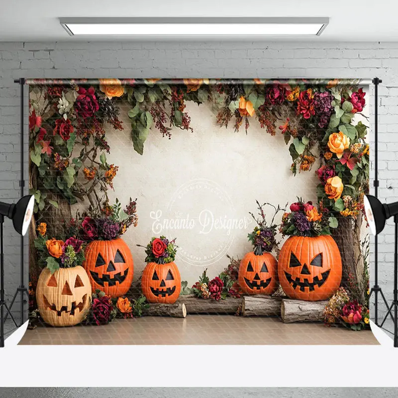 Aperturee Leaves Floral Potted Pumpkins Halloween Backdrop - Aperturee