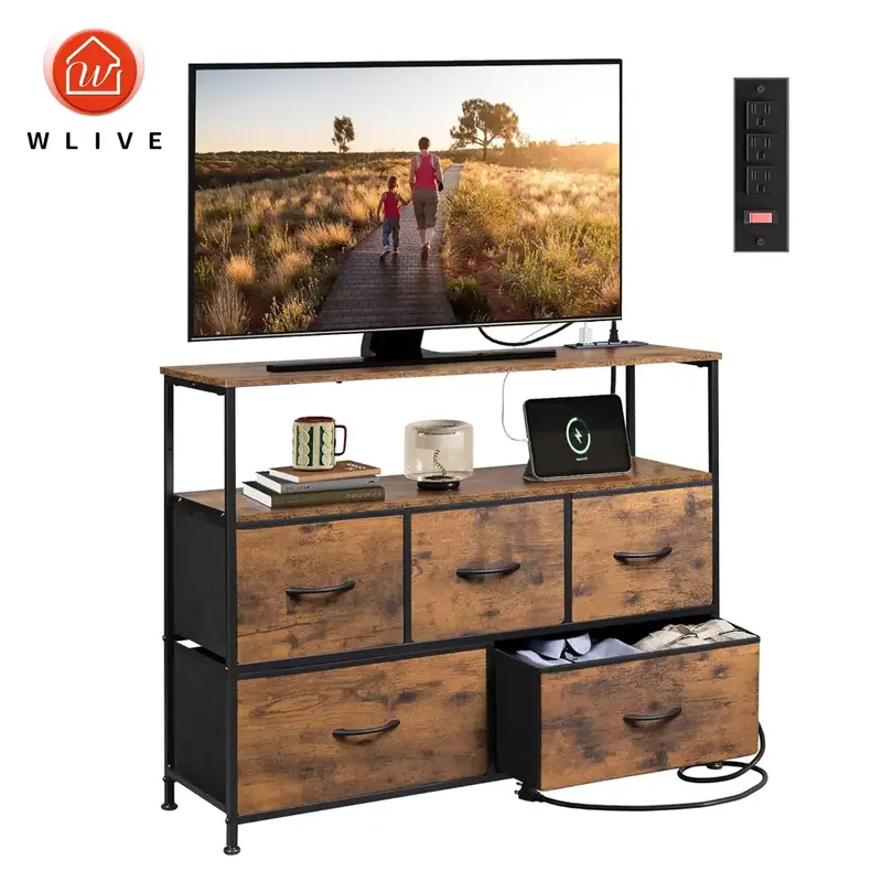 WLIVE Dresser TV Stand for Bedroom Decor with Power Outlet, Chest of Drawers Fabric Dressers with Open Shelves for 45 inch TV...