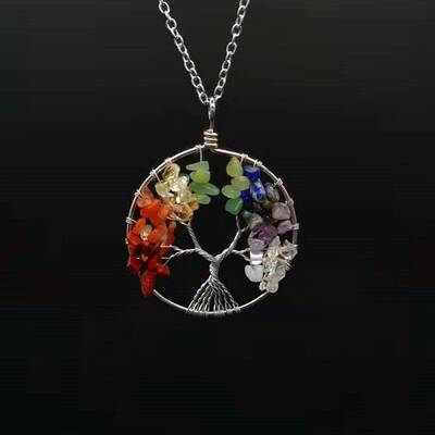 7 Chakra Gemstone Chip Tree of Life Pendant Necklaces