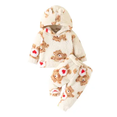 Newborn Infant Baby Girl Boy Fall Winter Outfits Fuzzy Long Sleeve Bear Print Hoodie Sweatshirt and Pants Set Toddler Warm Cl...