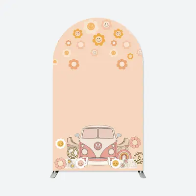 Aperturee Groovy Floral Beige Truck Birthday Arch Backdrop | Round Arch Backdrop Cover | Diy Round Arch Backdrop | Wedding Ar...