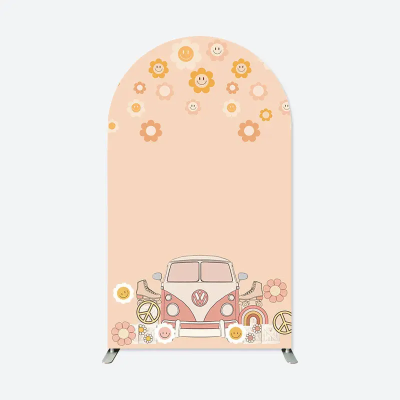 Aperturee Groovy Floral Beige Truck Birthday Arch Backdrop | Round Arch Backdrop Cover | Diy Round Arch Backdrop | Wedding Ar...