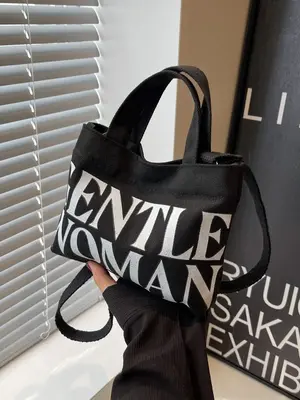 1 Piece Women's Letters Print Fashion Canvas Handbag & Shoulder Bag, Casual Trendy Shoulder Bag, Fashionable Handbag For Wome...