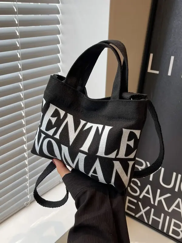 1 Piece Women's Letters Print Fashion Canvas Handbag & Shoulder Bag, Casual Trendy Shoulder Bag, Fashionable Handbag For Wome...