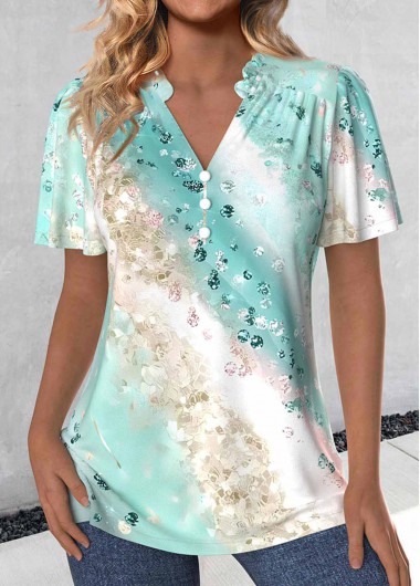 Modlily Mint Green Ruched Ombre Short Sleeve V Neck Blouse - L