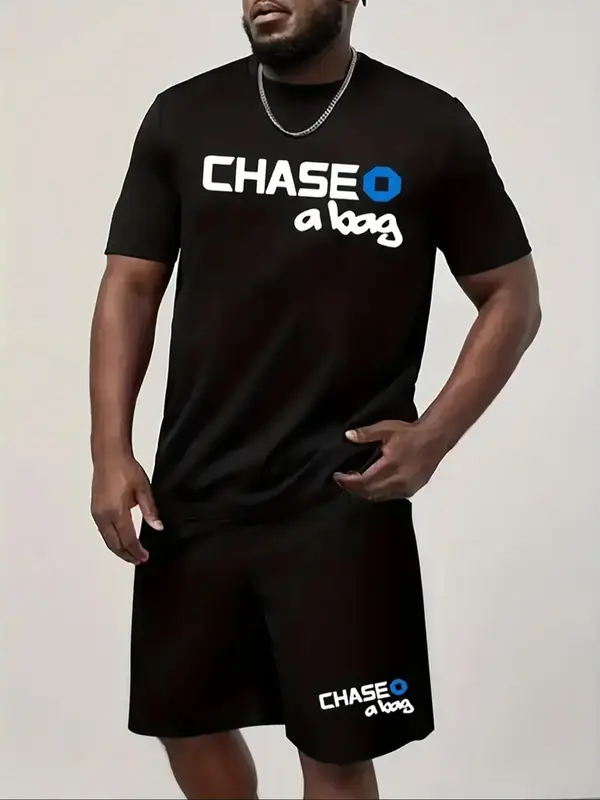 Men's Letter Print Two-Piece Set, Regular Fit Casual Round Neck Tee & Drawstring Waist Shorts Set Summer Clothes, Men Summer...