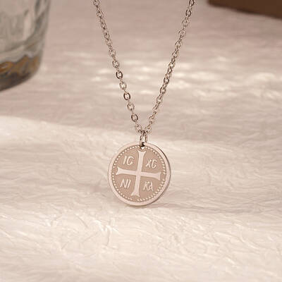 Classic Stainless Steel Flat Round IC XC NIKA Cross Pendant Necklace for Women Daily Wear