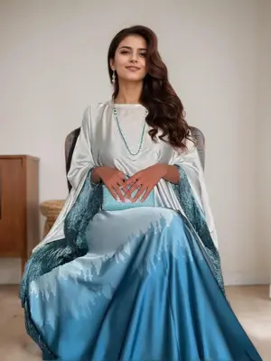 Women's Colorblock Fringe Trim Batwing Sleeve Kaftan Dress, Elegant Long Sleeve Maxi Dress for Party Holiday Wedding Guest, L...