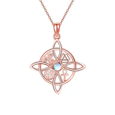 Sterling Silver with Rose Gold Plated Circular Shaped Moonstone Witch Knot Pendant Necklace