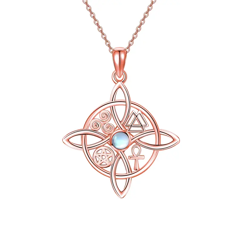 Sterling Silver with Rose Gold Plated Circular Shaped Moonstone Witch Knot Pendant Necklace