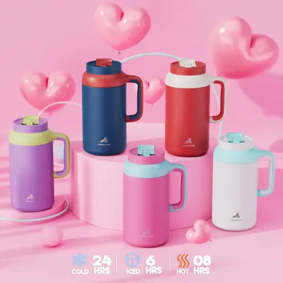 ćPOWCAN Heavy Duty Newć 64 Ounce Large Capacity Water Bottle Drum With Handle, Leak Proof Straw, Ice Coffee Cup With 24-H...