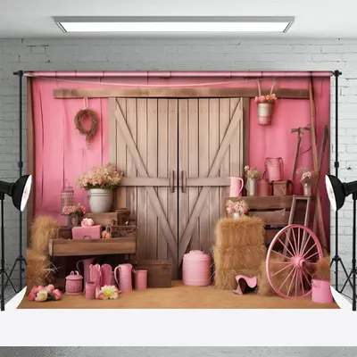 Wooden Door Pink Wall Cowgirl Birthday Backdrop - Aperturee