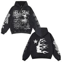 Hellstar-Real Wise Vintage Print Acid Washed Oversized Zip-Up Hoodie, Oversized Heavyweight Cotton Washed Zip Up Hoodie, Retr...