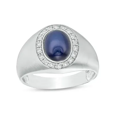 10K White Gold Oval Cut Diamond & Sapphire Custom Signet Ring for Men H Color I2 Clarity 3EX