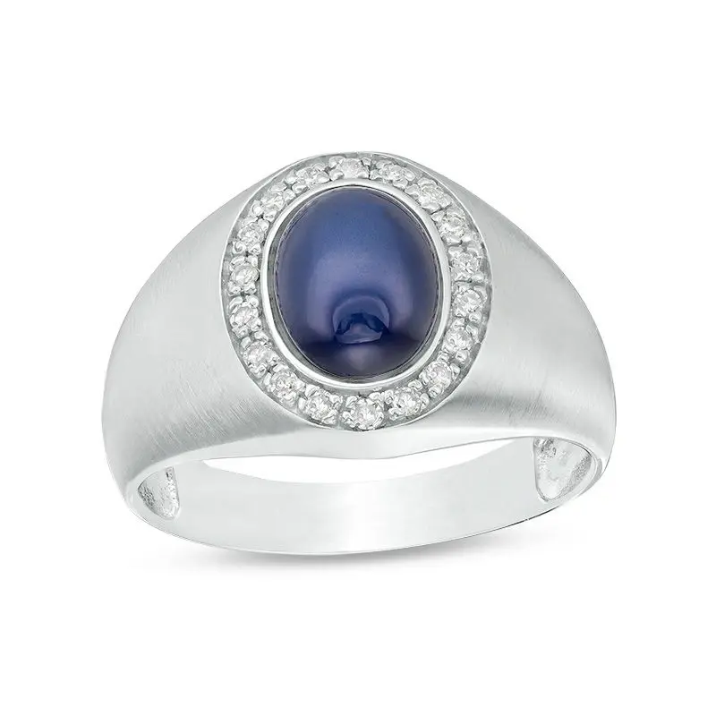 10K White Gold Oval Cut Diamond & Sapphire Custom Signet Ring for Men H Color I2 Clarity 3EX