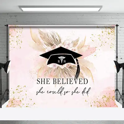 She Believed Pink Floral Boho Graduation Backdrop - Aperturee