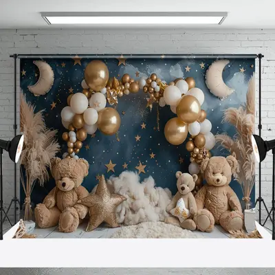 Moon Night Stars Balloons Bear Cake Smash Backdrop