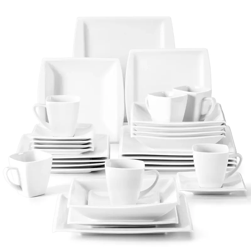 MALACASA Dinnerware Sets, 30 Pieces Ivory White Plates and Bowls Sets for 6, Square Plates Dinnerware Set, Porcelain Dinnerwa...