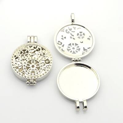 Hollow Flat Round Photo Frames Alloy Diffuser Locket Pendants