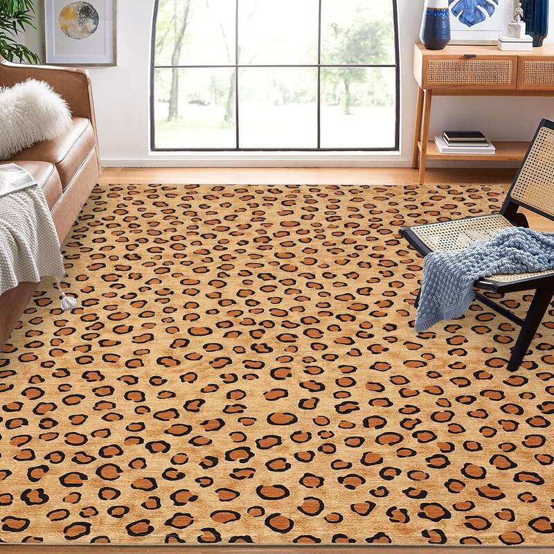 Garvee Leopard 8x10 Rug - Washable Animal Print Rug, Large Living Room Carpet, Soft Non-Slip Surface, Non-Shedding Brown Carp...