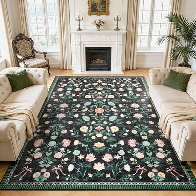Garvee 8x10 Washable Area Rugs Soft Carpet Indoor Floral Non Slip Foldable Mats Black for Living Room Bedroom Dining Room Hom...